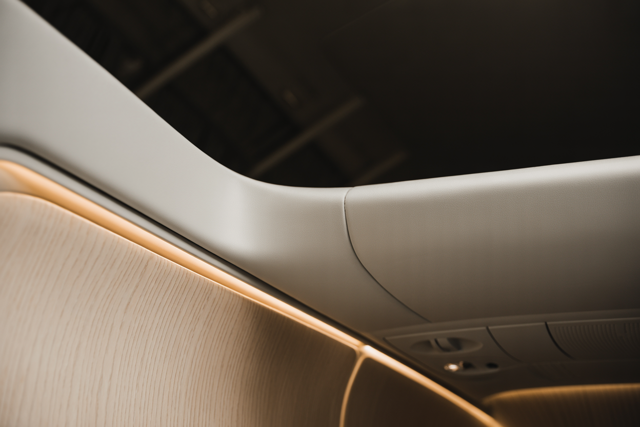 Close-up of white Alcantara headliner material on curved aircraft ceiling meeting pale ash veneer