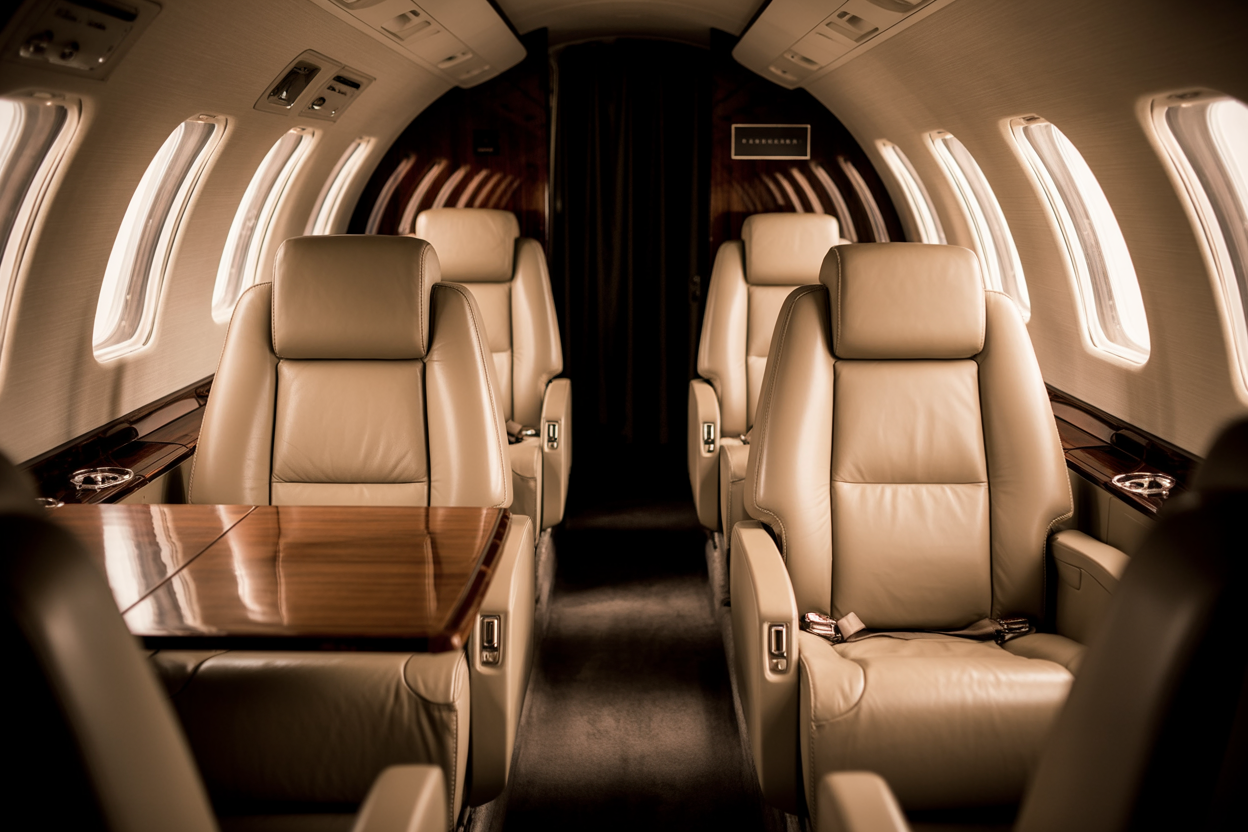 Wide shot of four pale leather seats in club configuration with pale ash wood table and Nordic light