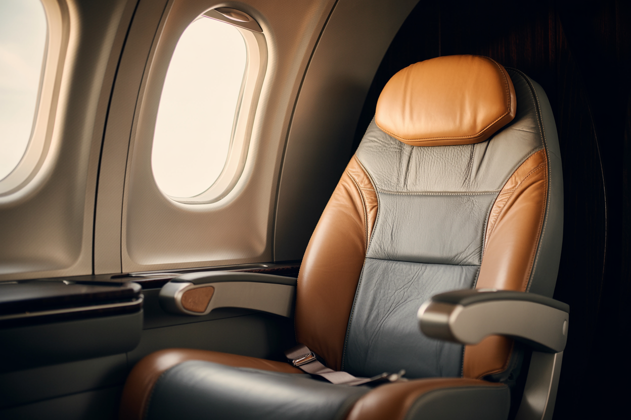 Single pale leather seat beside an aircraft window with bright Nordic light streaming in
