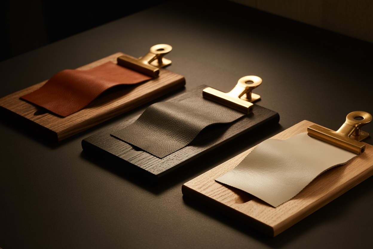 Three material sample boards with brass clips showing different leather and veneer combinations