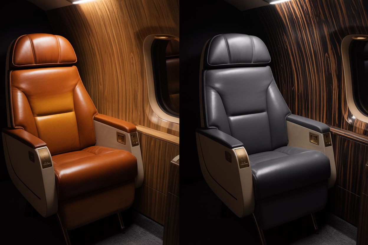 Two aircraft seats in different leather finishes side by side showing cognac with light wood and charcoal with dark wood