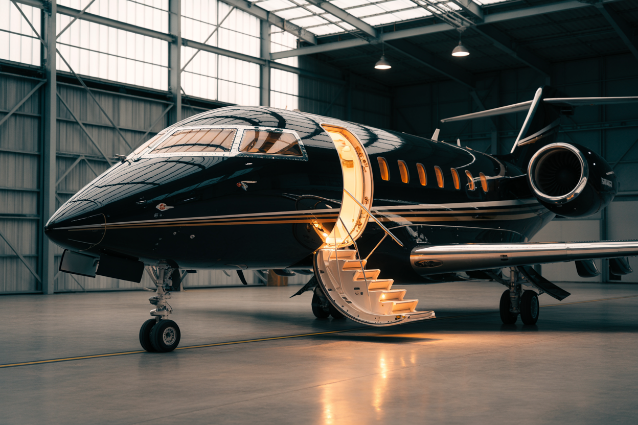 Sleek private jet parked inside modern aircraft hangar with door open and warm cabin light spilling out