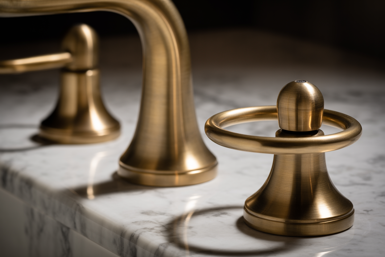 Macro shot of brushed brass bathroom fixtures showing the LUNDEN signature satin finish on white marble