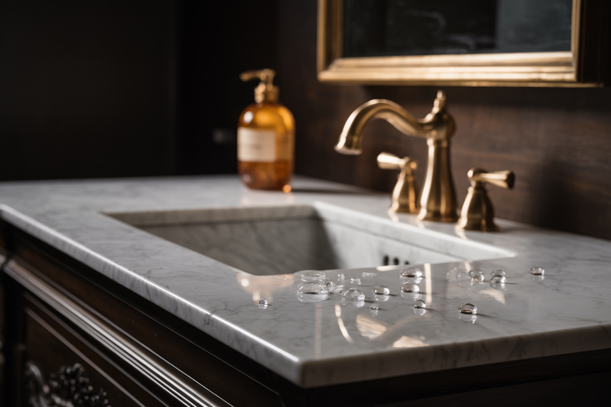 Close-up of Carrara marble vanity countertop with integrated basin, brass faucet, and water droplets