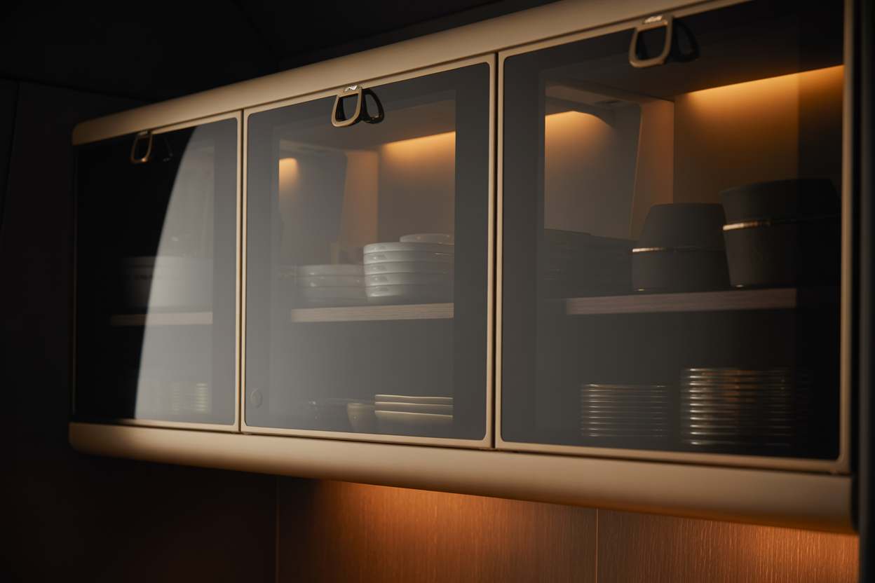 Upper galley cabinets with semi-transparent smoked glass fronts and warm under-cabinet LED lighting