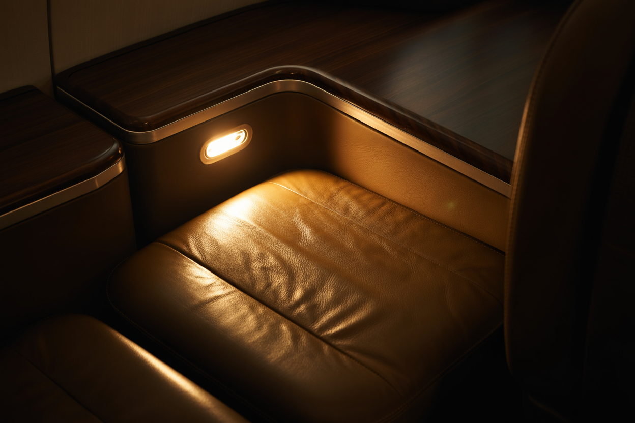 A focused pool of warm 2700K light on an espresso leather seat surface with everything beyond fading to darkness