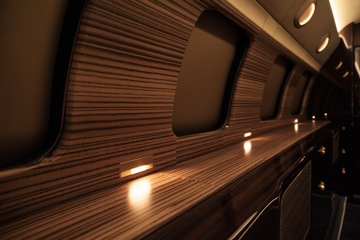Long perspective of continuous wenge veneer panels running along a dark private jet cabin wall with recessed lighting from below