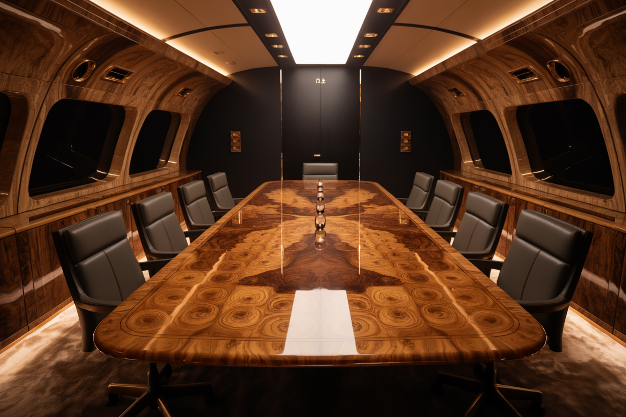 Boardroom conference zone inside widebody VIP aircraft with elm burl table and walnut burl wall panels