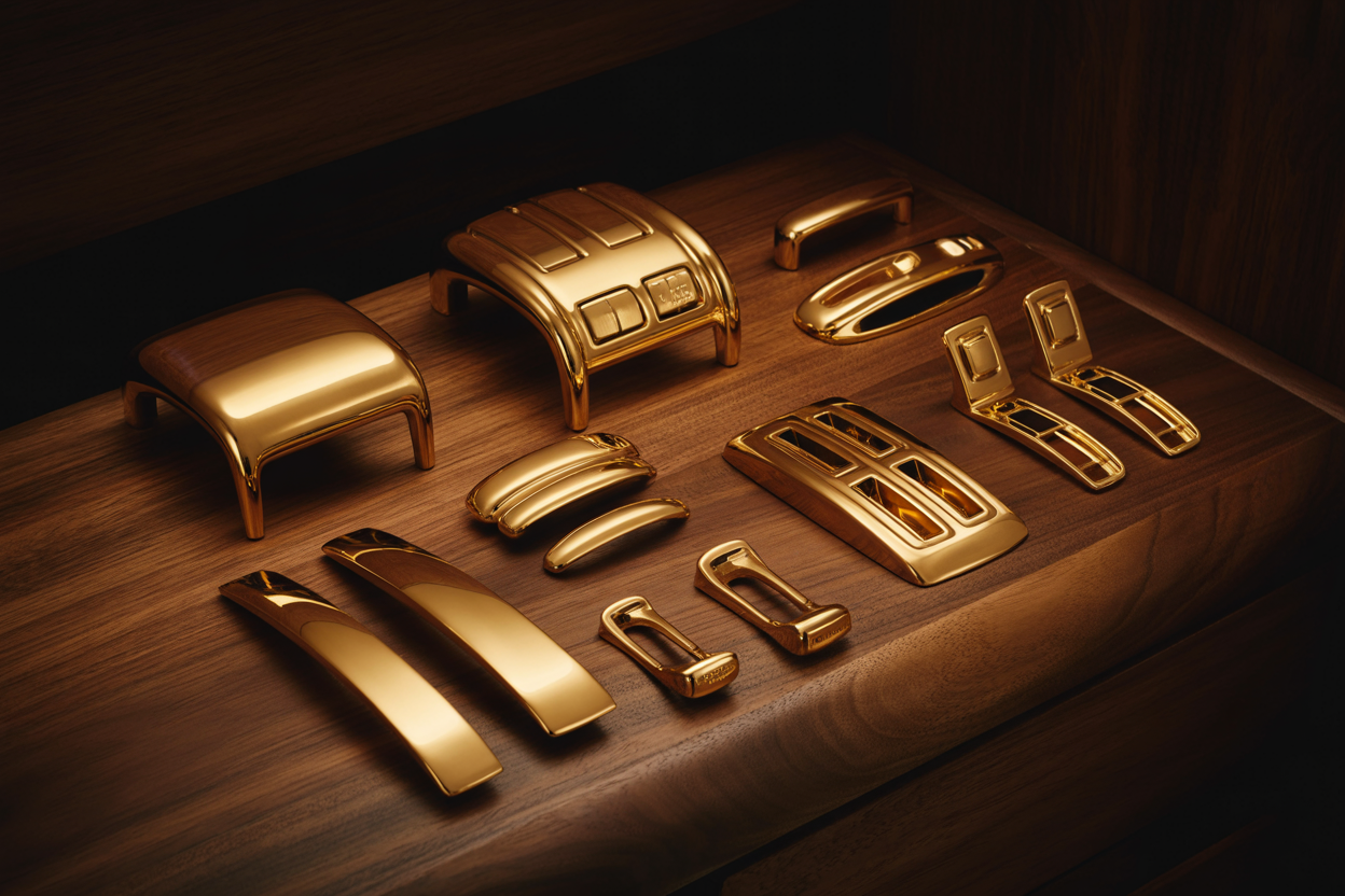 Still life arrangement of gold-plated aircraft interior fixtures including switch bezels, light housings, and vent surrounds on walnut