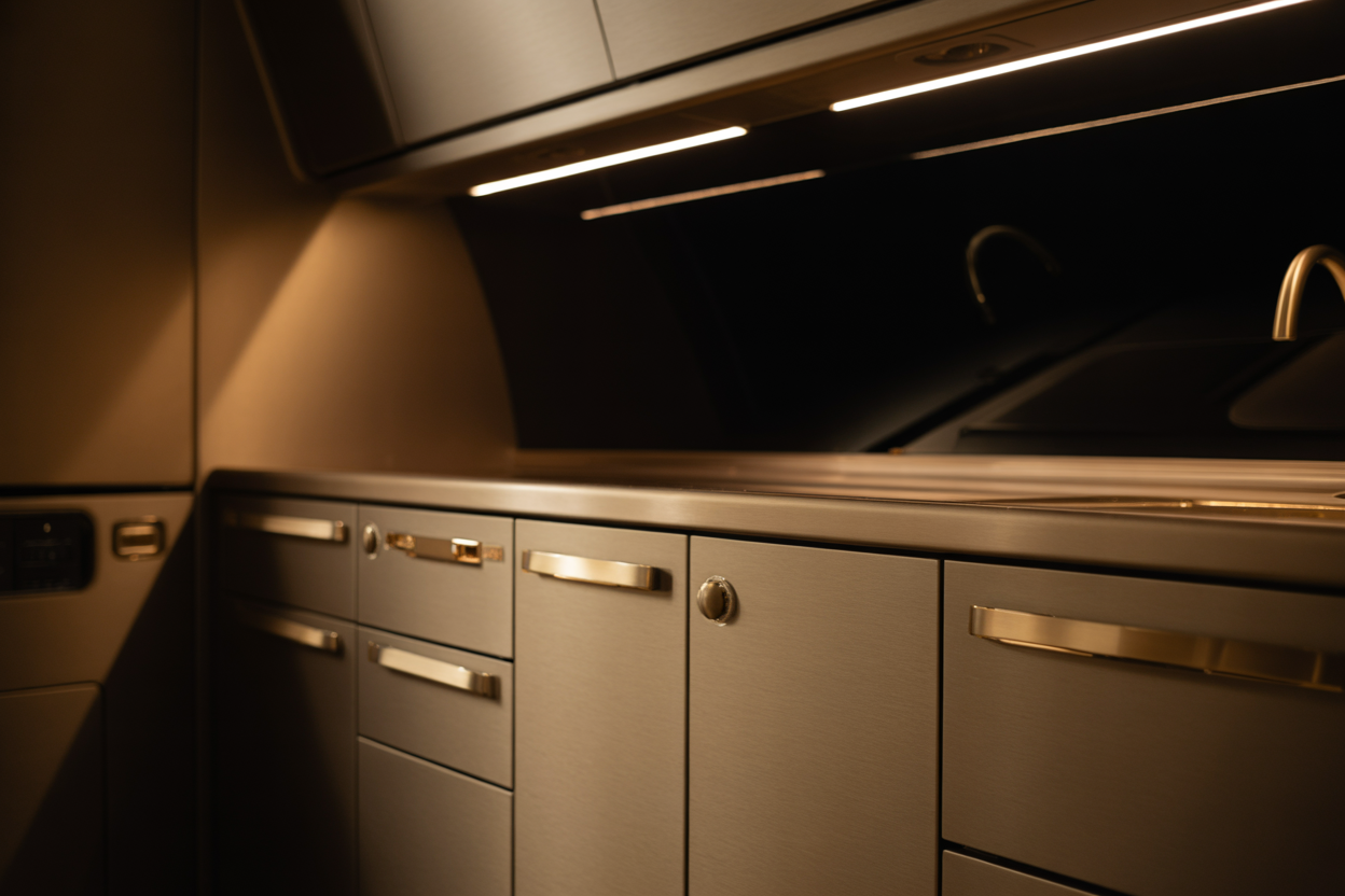 Private jet galley with satin nickel surfaces and integrated LED strip lighting