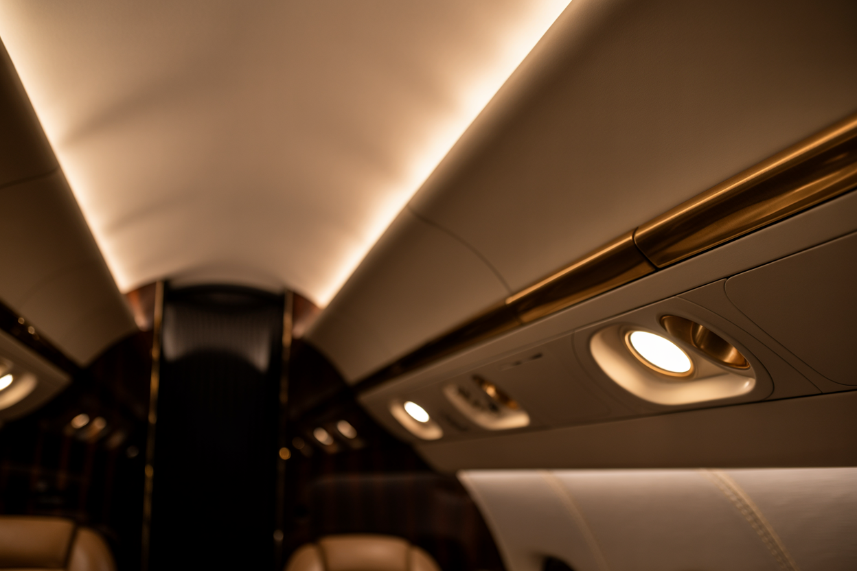 Aircraft cabin ceiling with recessed circadian lighting modules and dove grey Alcantara headliner