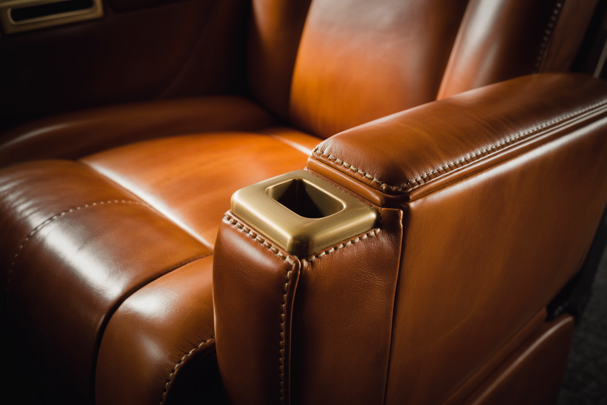 Close-up of cognac full-grain leather aircraft seat armrest with hand-stitching and brass control button