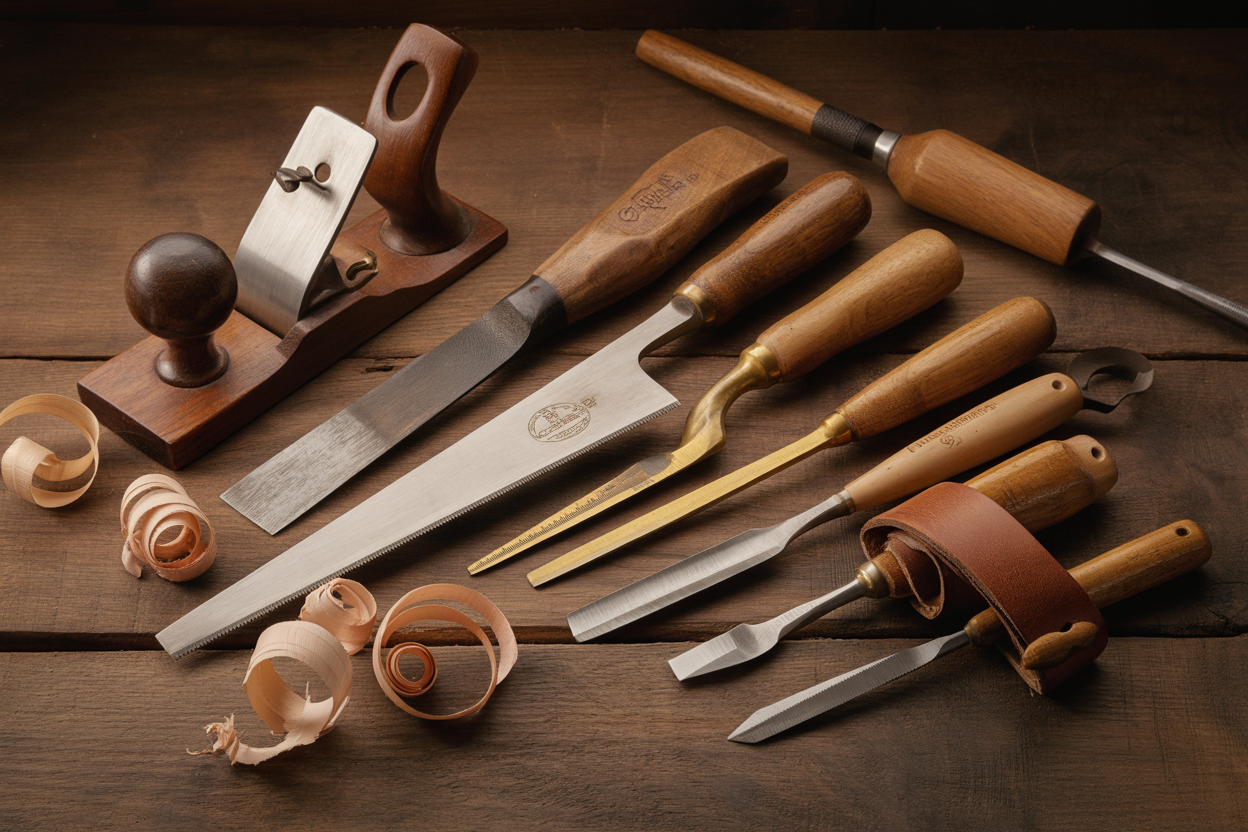 Traditional Danish hand woodworking tools on dark workbench