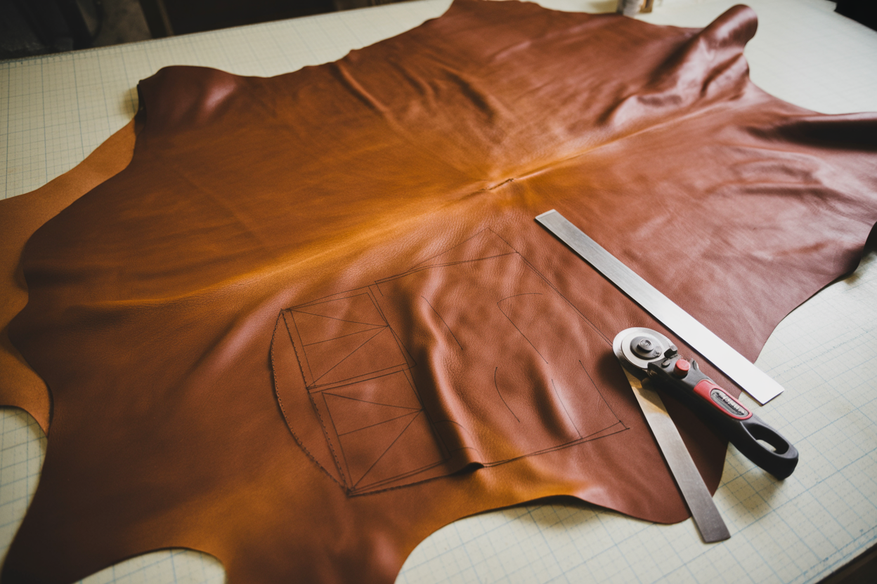 Full cognac leather hide on cutting table with chalk marks