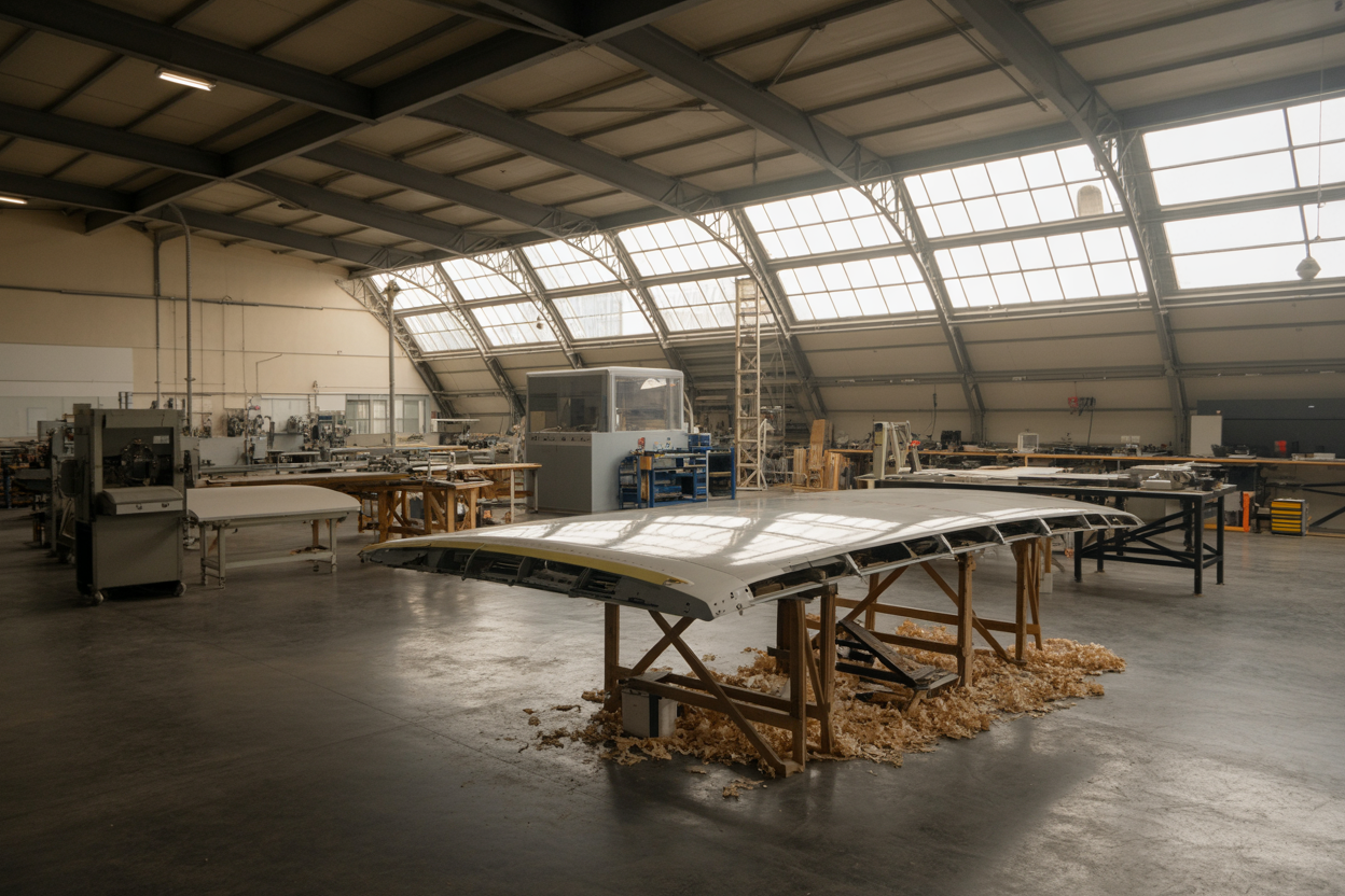 The main workshop floor at Kastrup — skylights, workstations, cabin panel on bench