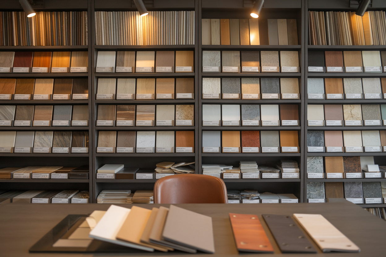Floor-to-ceiling material sample shelving with consultation table