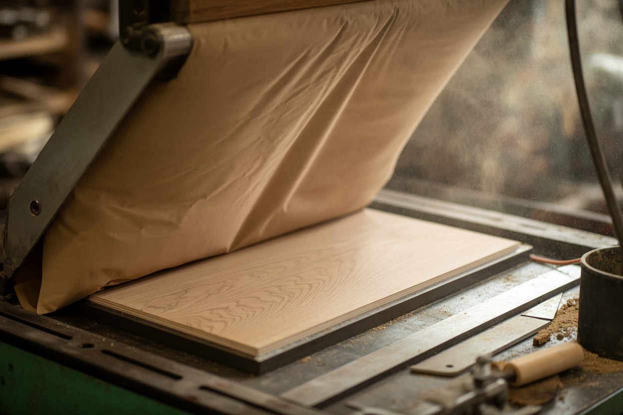 Vacuum veneer press with freshly bonded panel